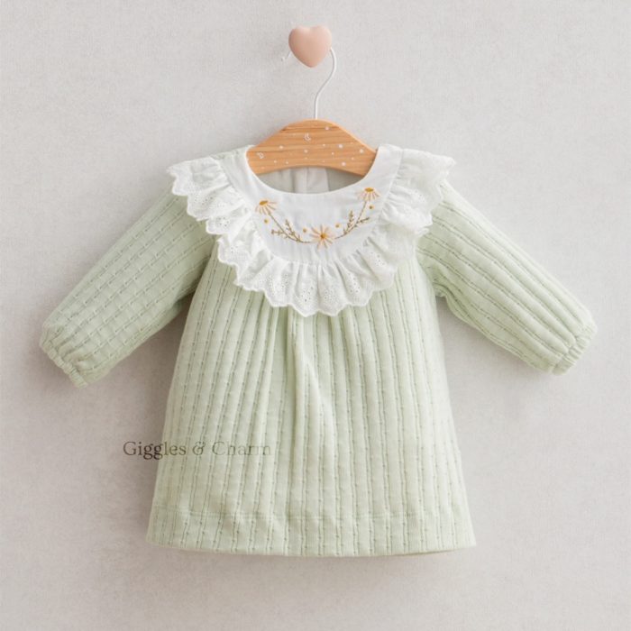 Embroidered ruffle design knit dress