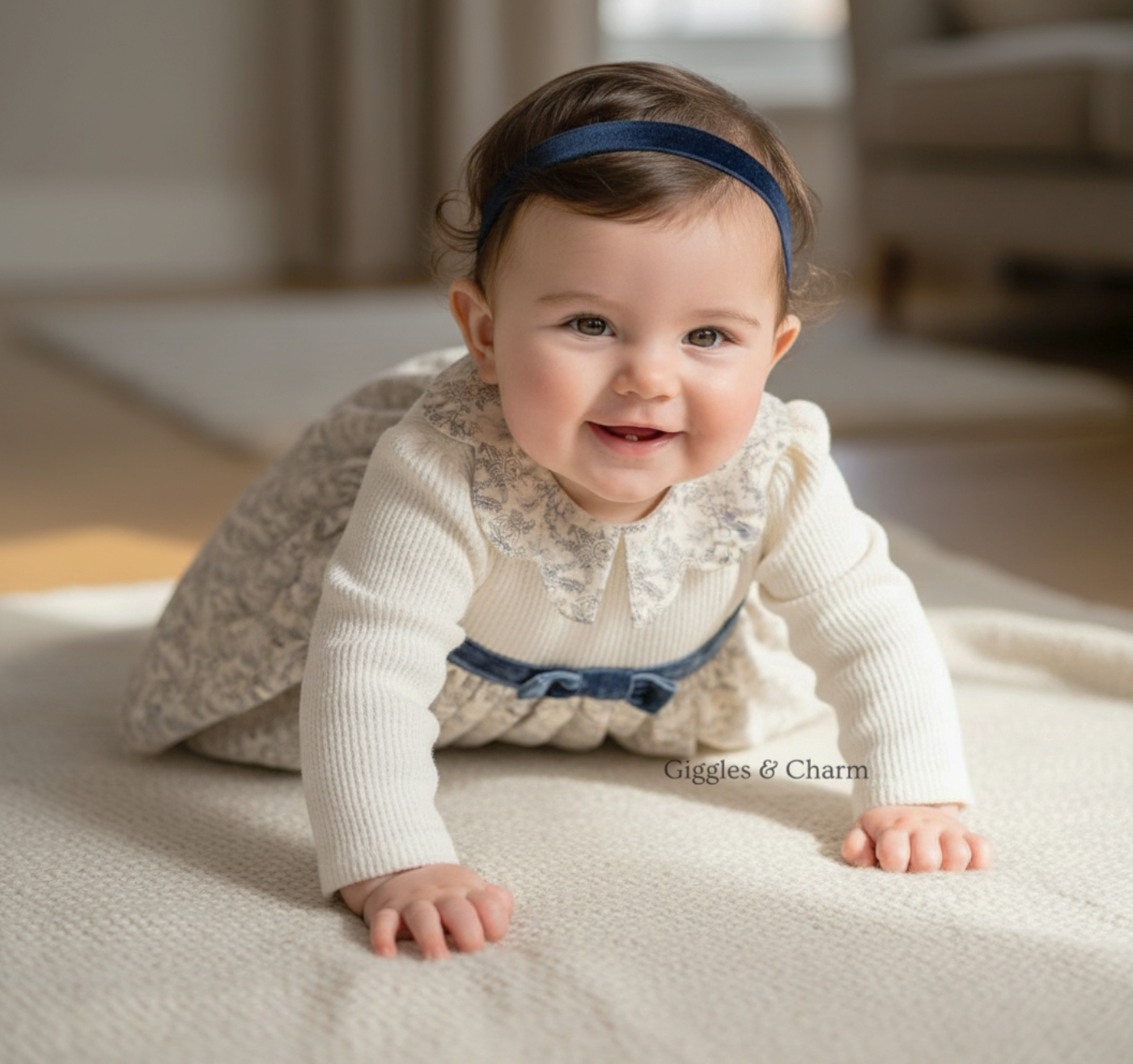 Blue knit velour bow Dress