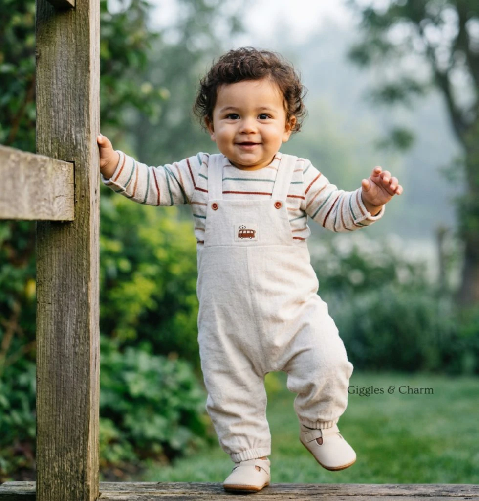 Taupe Striped Overalls Set