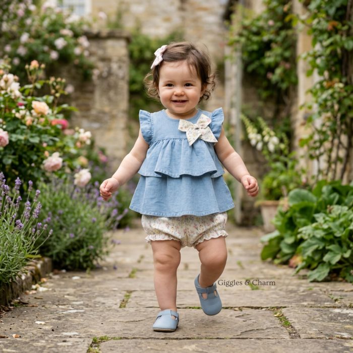 Denim Ruffle Top & Floral Shorts Set