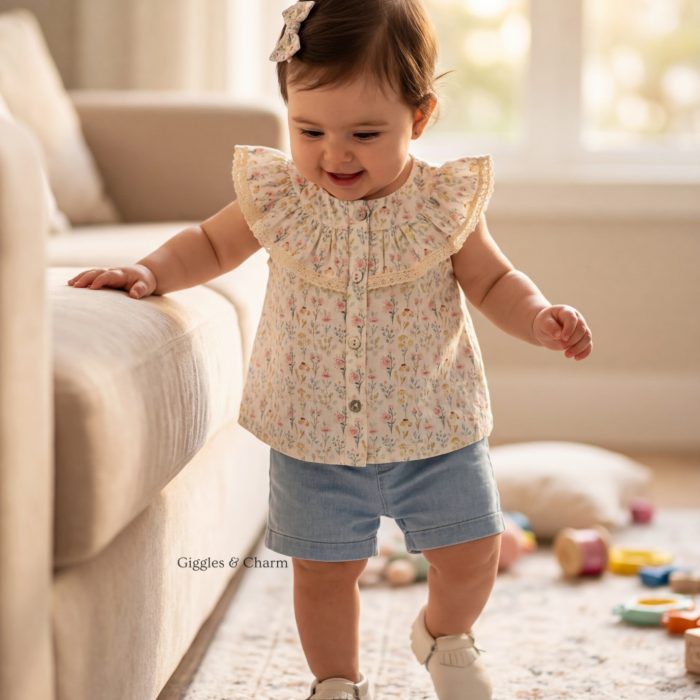 Floral Ruffle Blouse & Chambray Shorts