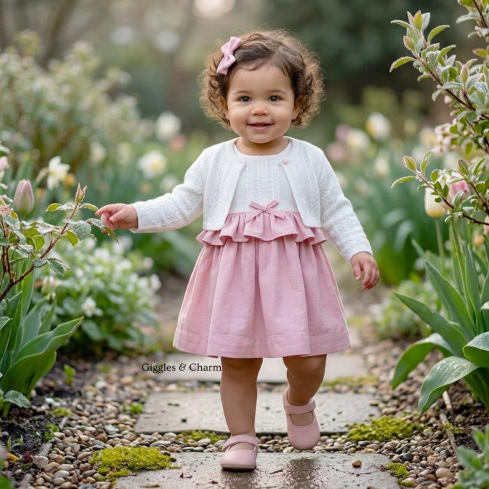 Pink Ruffle-Waist Dress with Cardigan