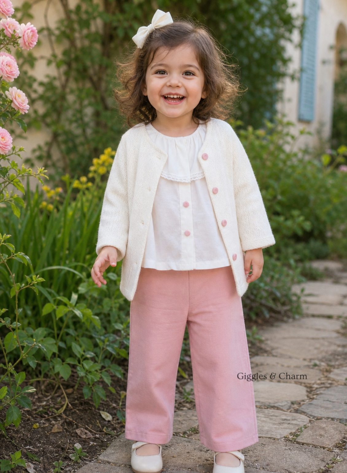 Ruffle Top, Pink Pants & Cardigan set