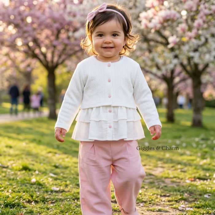 Ruffle Top, Pink Pants & Cardigan set