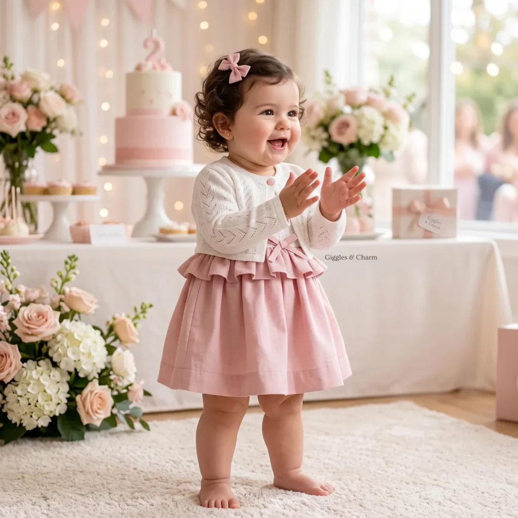 Pink Ruffle-Waist Dress with Cardigan