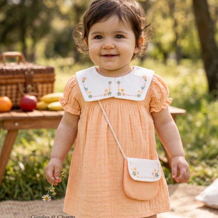 Muslin Embroidered Collar Dress with Purse