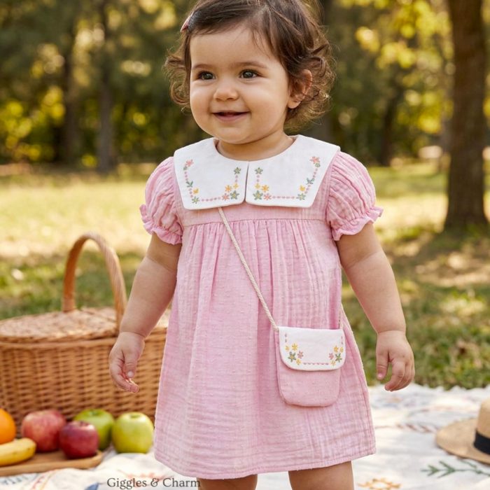 Muslin Embroidered Collar Dress with Purse