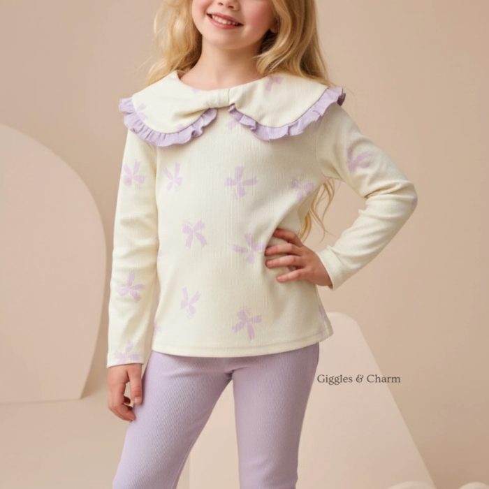 Bow Print Top and Flared Trousers Set