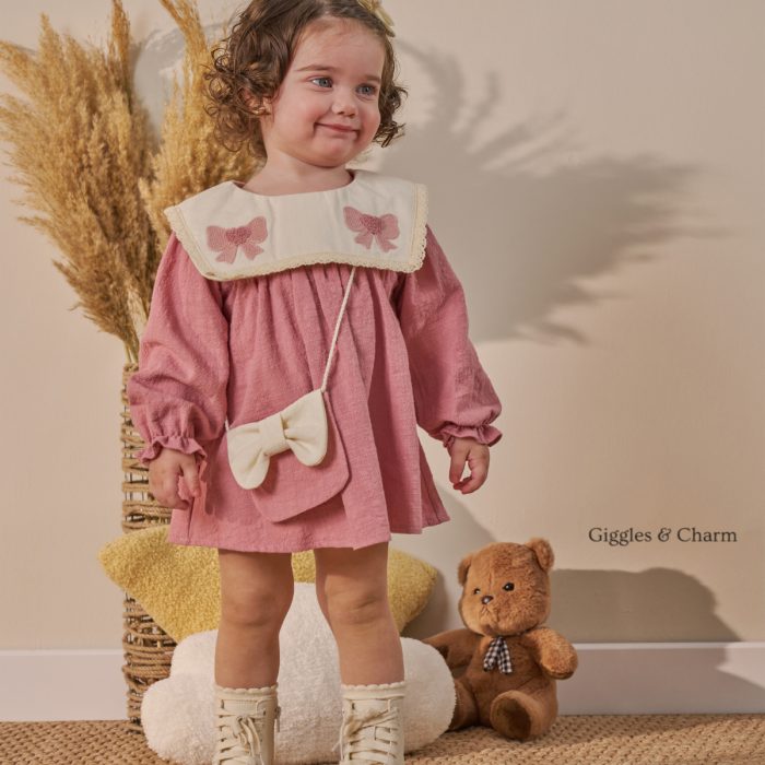 Bow Collar Muslin Dress with Purse