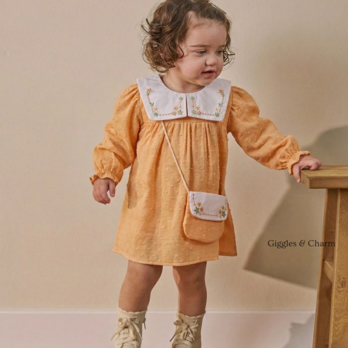 Floral Embroidered Muslin Dress with Purse