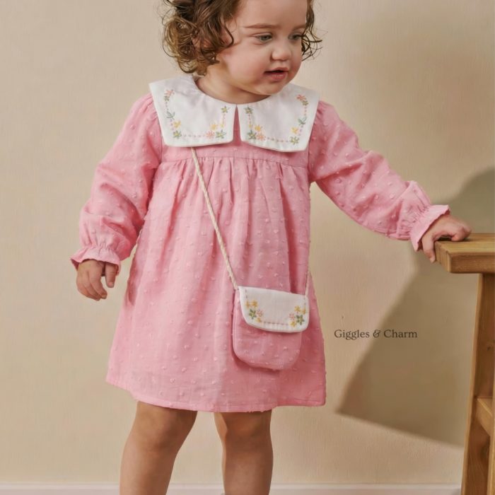 Floral Embroidered Muslin Dress with Purse