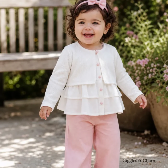 Ruffle Top, Pink Pants & Cardigan set