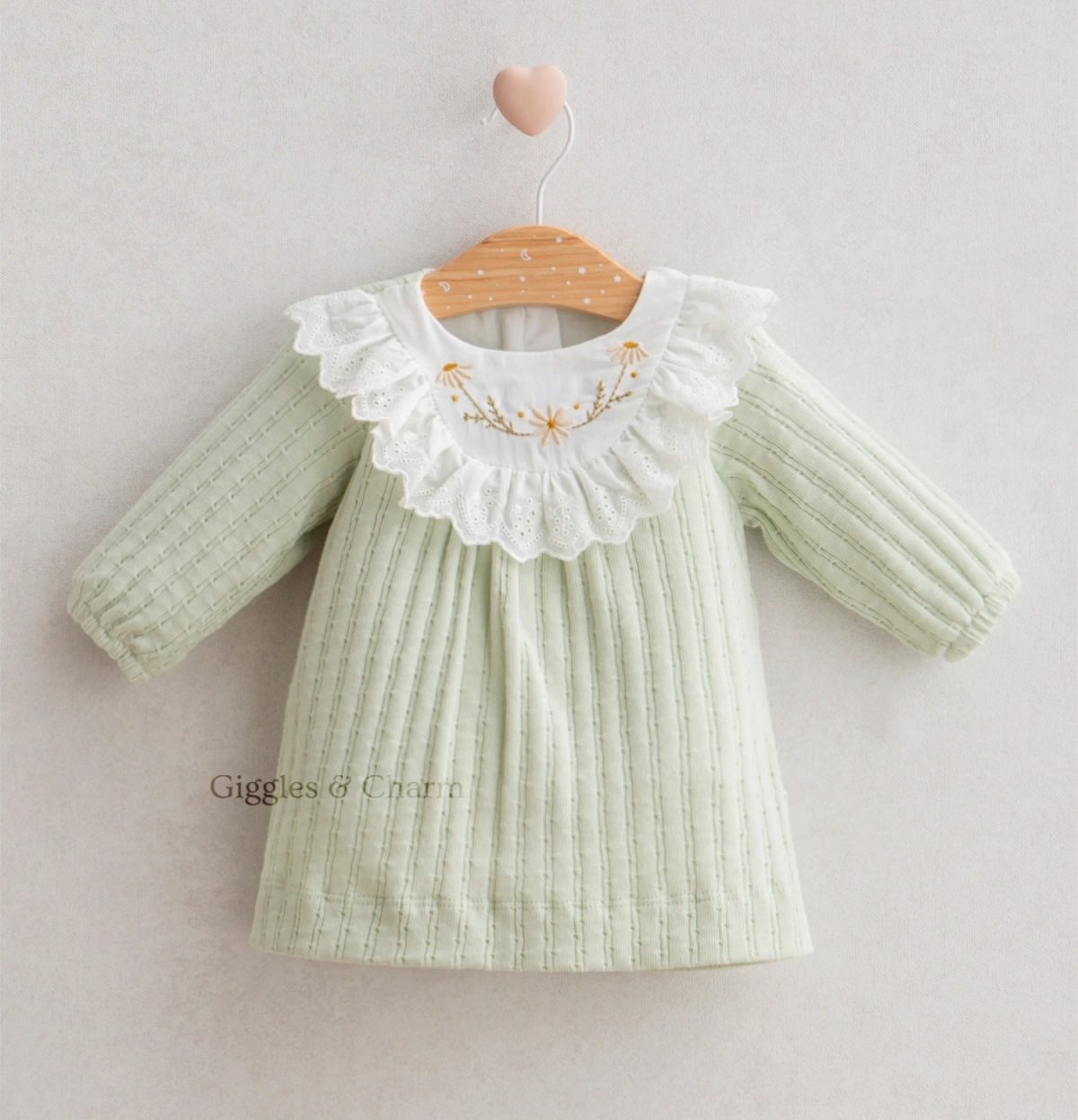 Embroidered ruffle design knit dress